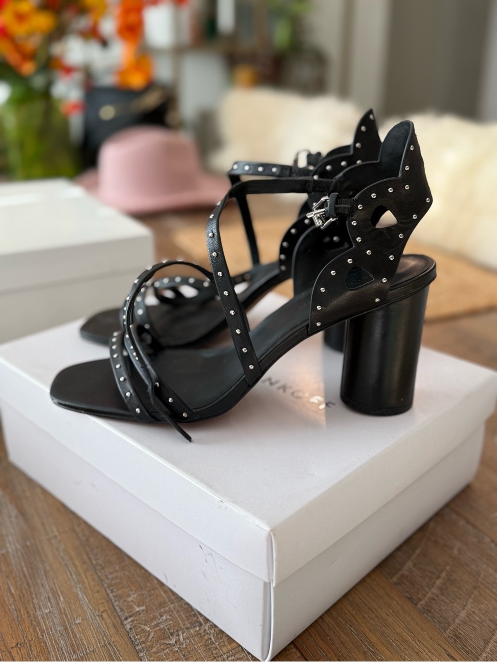 Rebecca Minkoff Black Leather Studded Strappy Block Heel Sandals Size 11